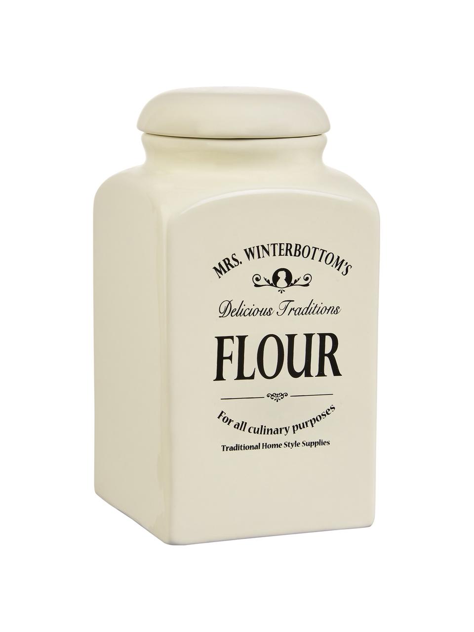 Aufbewahrungsdose Mrs Winterbottoms Flour, Ø 11 x H 21 cm, Steingut, Cremeweiß, Schwarz, Ø 11 x H 21 cm, 1,3 L