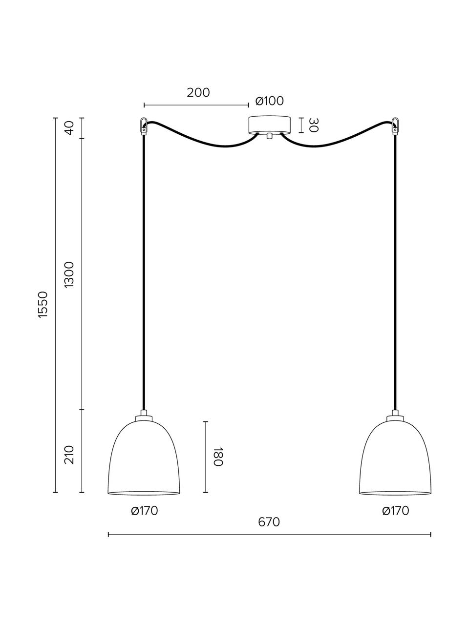 Hanglamp Awa Double van glas, Baldakijn: gepoedercoat staal, Wit, zwart, 67 x 155 cm