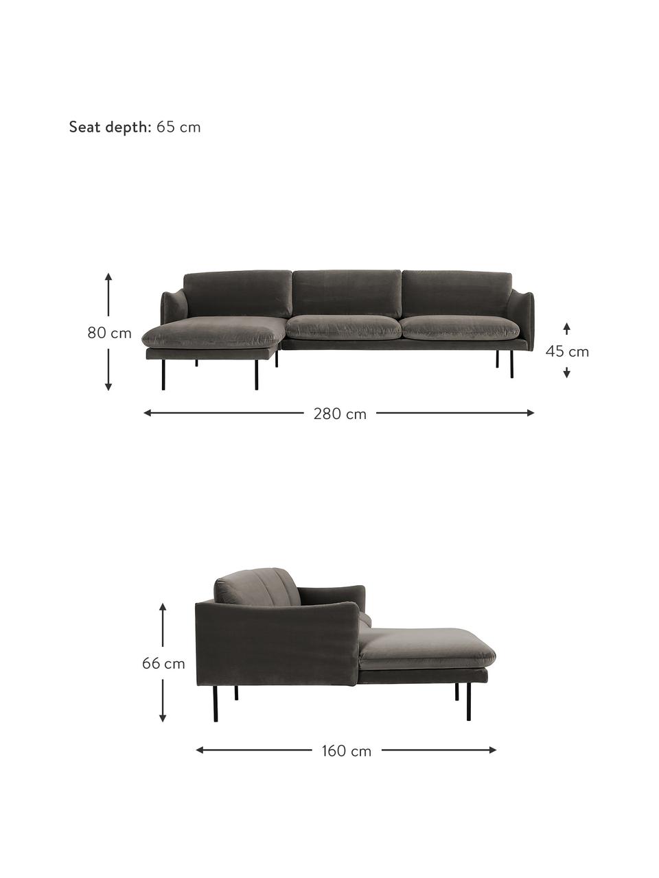 Sofa narożna z aksamitu z metalowymi nogami Moby, Tapicerka: aksamit (wysokiej jakości, Stelaż: lite drewno sosnowe z cer, Nogi: metal malowany proszkowo, Szarobrązowy aksamit, S 280 x G 160 cm, lewostronna