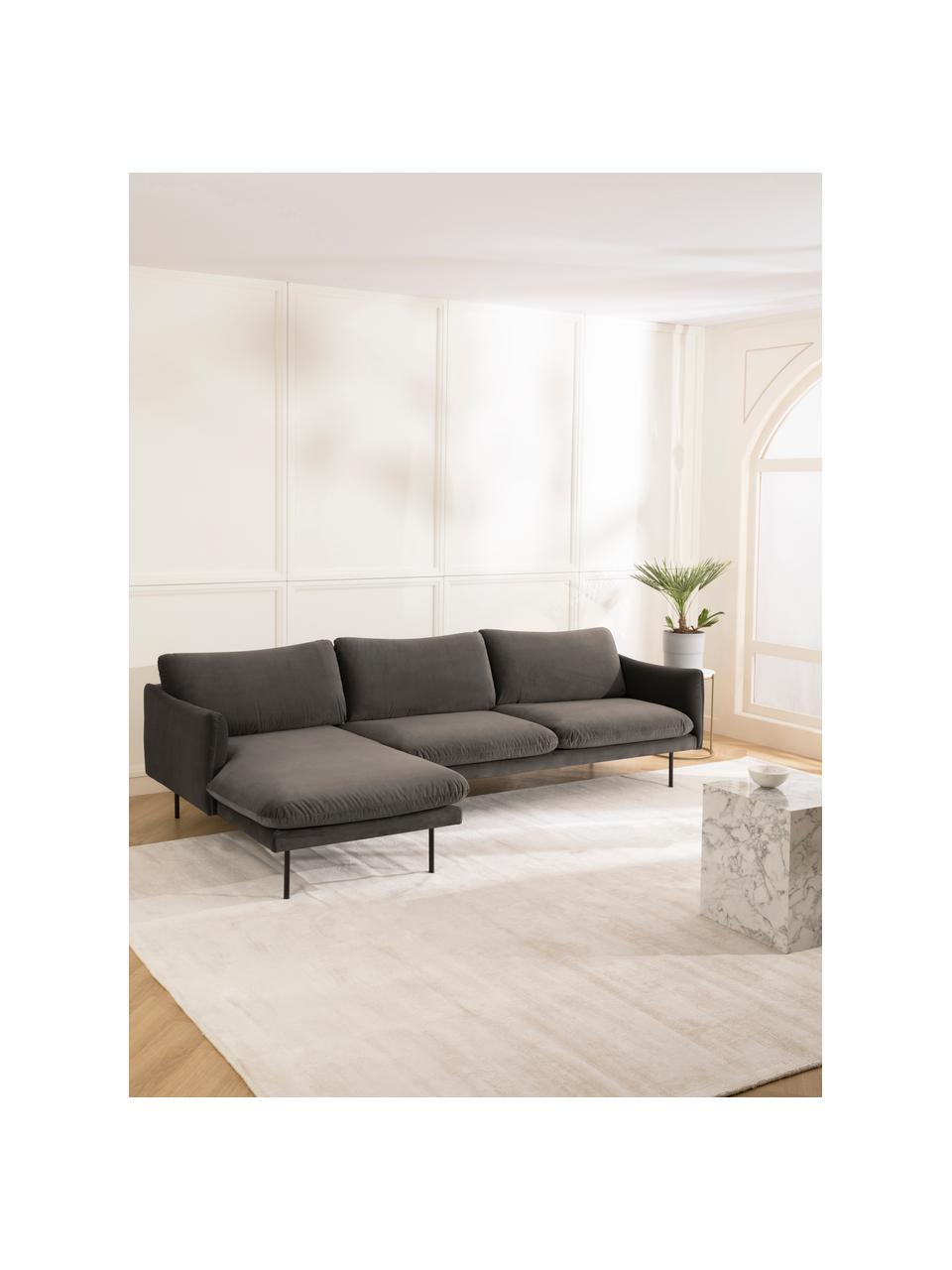 Sofa narożna z aksamitu Moby, Tapicerka: aksamit (wysokiej jakości, Stelaż: lite drewno sosnowe, Nogi: metal malowany proszkowo , Taupe aksamit, S 280 x G 160 cm, lewostronna