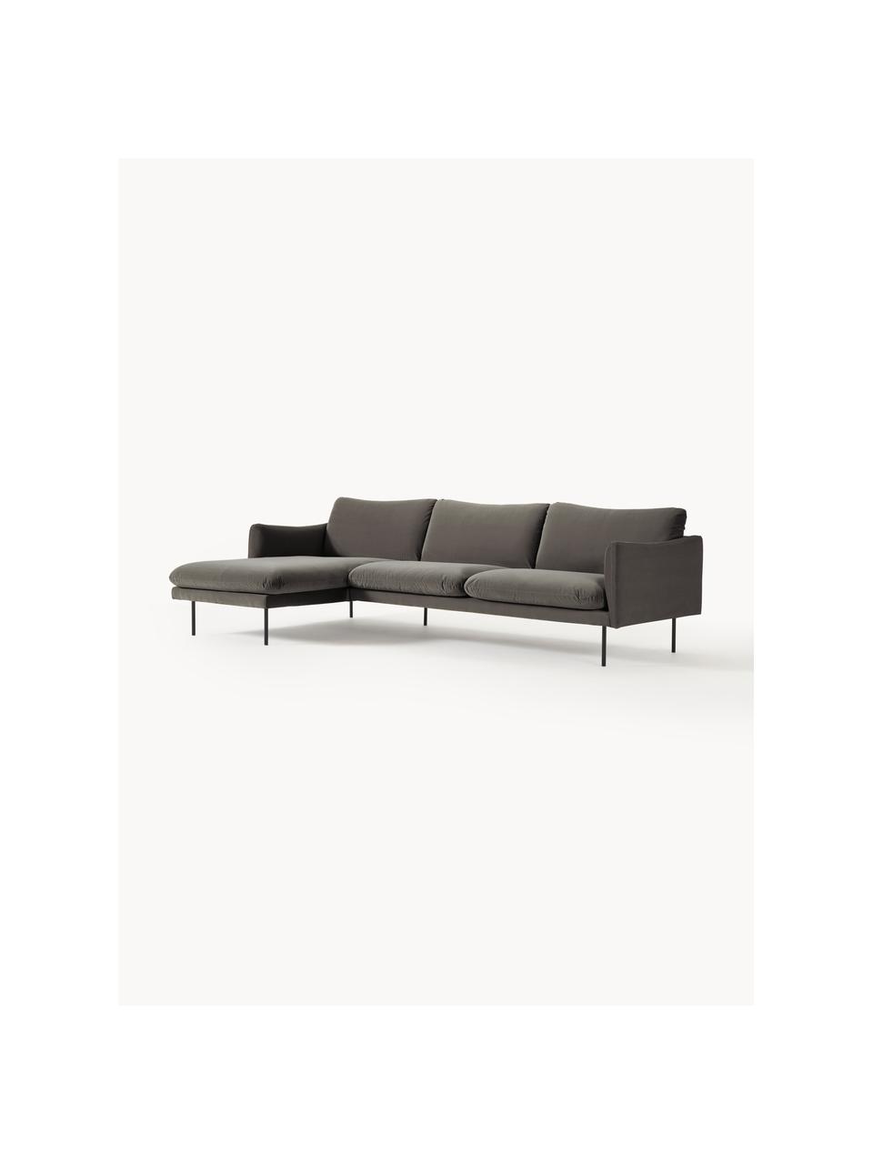 Samt-Ecksofa Moby, Bezug: Samt (Hochwertiger Polyes, Gestell: Massives Kiefernholz, Beine: Metall, pulverbeschichtet, Samt Taupe, B 280 x T 160 cm, Eckteil links