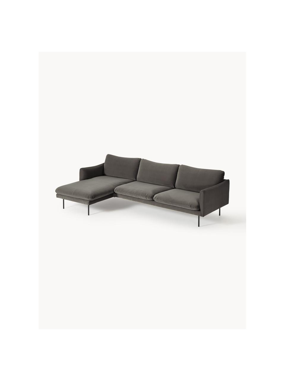 Samt-Ecksofa Moby, Bezug: Samt (Hochwertiger Polyes, Gestell: Massives Kiefernholz, Beine: Metall, pulverbeschichtet, Samt Taupe, B 280 x T 160 cm, Eckteil links