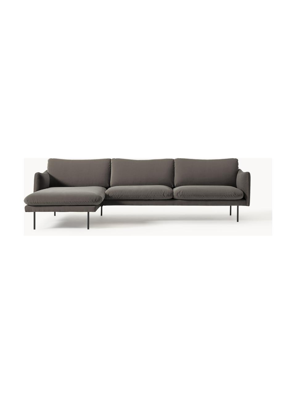 Sofa narożna z aksamitu Moby, Tapicerka: aksamit (wysokiej jakości, Stelaż: lite drewno sosnowe, Nogi: metal malowany proszkowo , Taupe aksamit, S 280 x G 160 cm, lewostronna