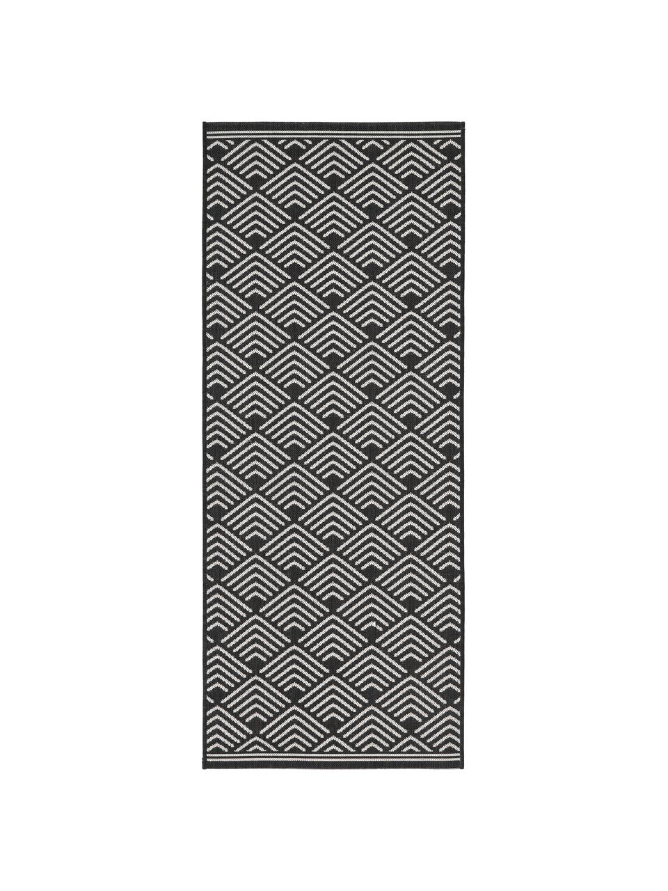 In- & outdoor loper Milano met grafisch patroon, Bovenzijde: 70% gerecycled polypropyl, Zwart, wit, B 80 x L 200 cm