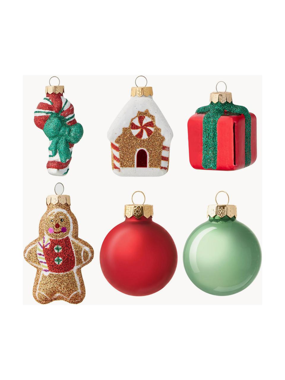 Set de adornos navideños de vidrio soplado artesanalmenteio Margot, 18 uds., Vidrio, Rojo, verde, blanco, dorado, Set de diferentes tamaños