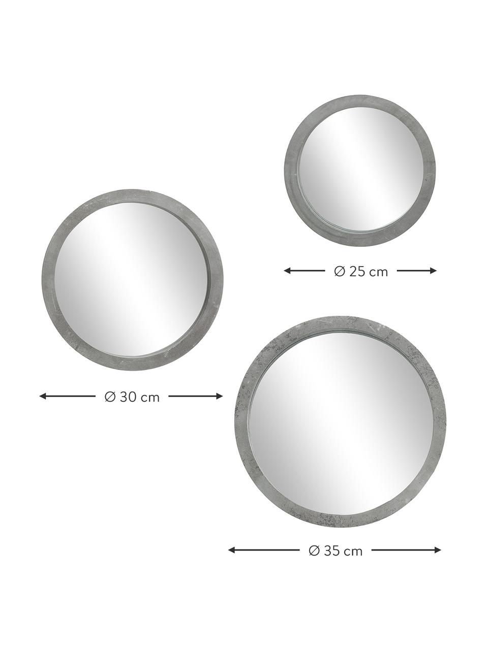 Súprava okrúhlych nástenných zrkadiel s betónovým vzhľadom Brest, 3 diely, Sivá, Súprava s rôznymi veľkosťami