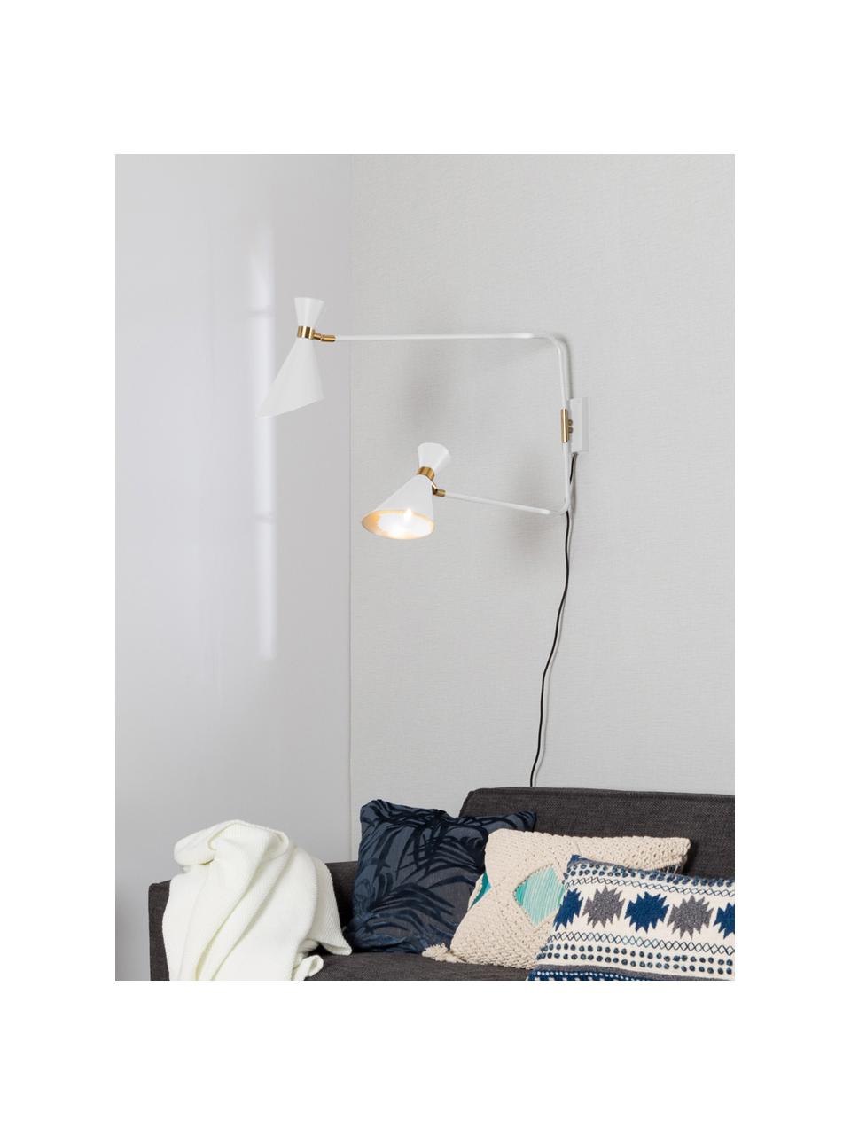 Grote verstelbare wandlamp Double Shady met stekker, Decoratie: vermessingd metaal, Wit, messingkleurig, B 87 x H 60 cm