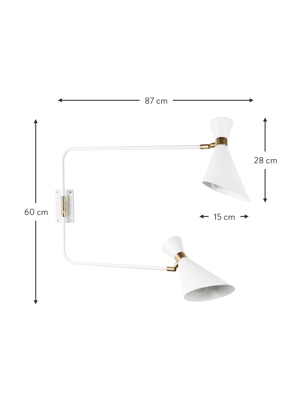 Grote verstelbare wandlamp Double Shady met stekker, Decoratie: vermessingd metaal, Wit, messingkleurig, B 87 x H 60 cm