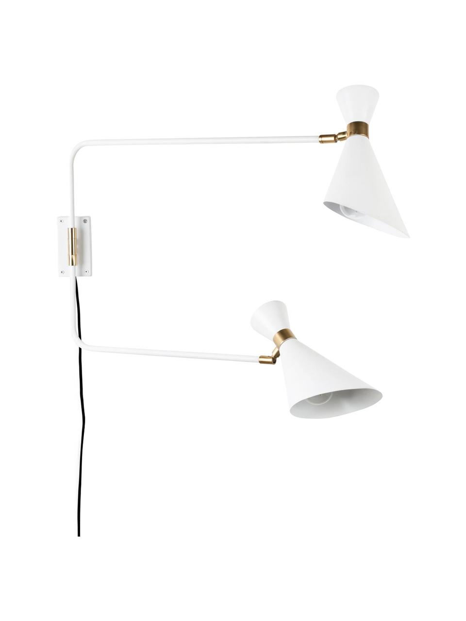 Grote verstelbare wandlamp Double Shady met stekker, Decoratie: vermessingd metaal, Wit, messingkleurig, B 87 x H 60 cm