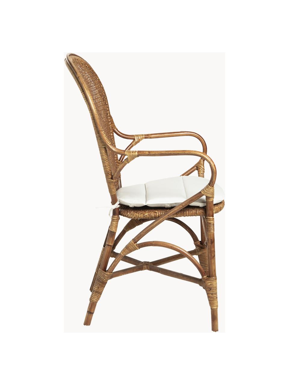 Silla con reposabrazos de ratán Edelina, Estructura: ratán recubierto de melam, Asiento: algodón, Algodón blanco, ratán, An 55 x L 62 cm