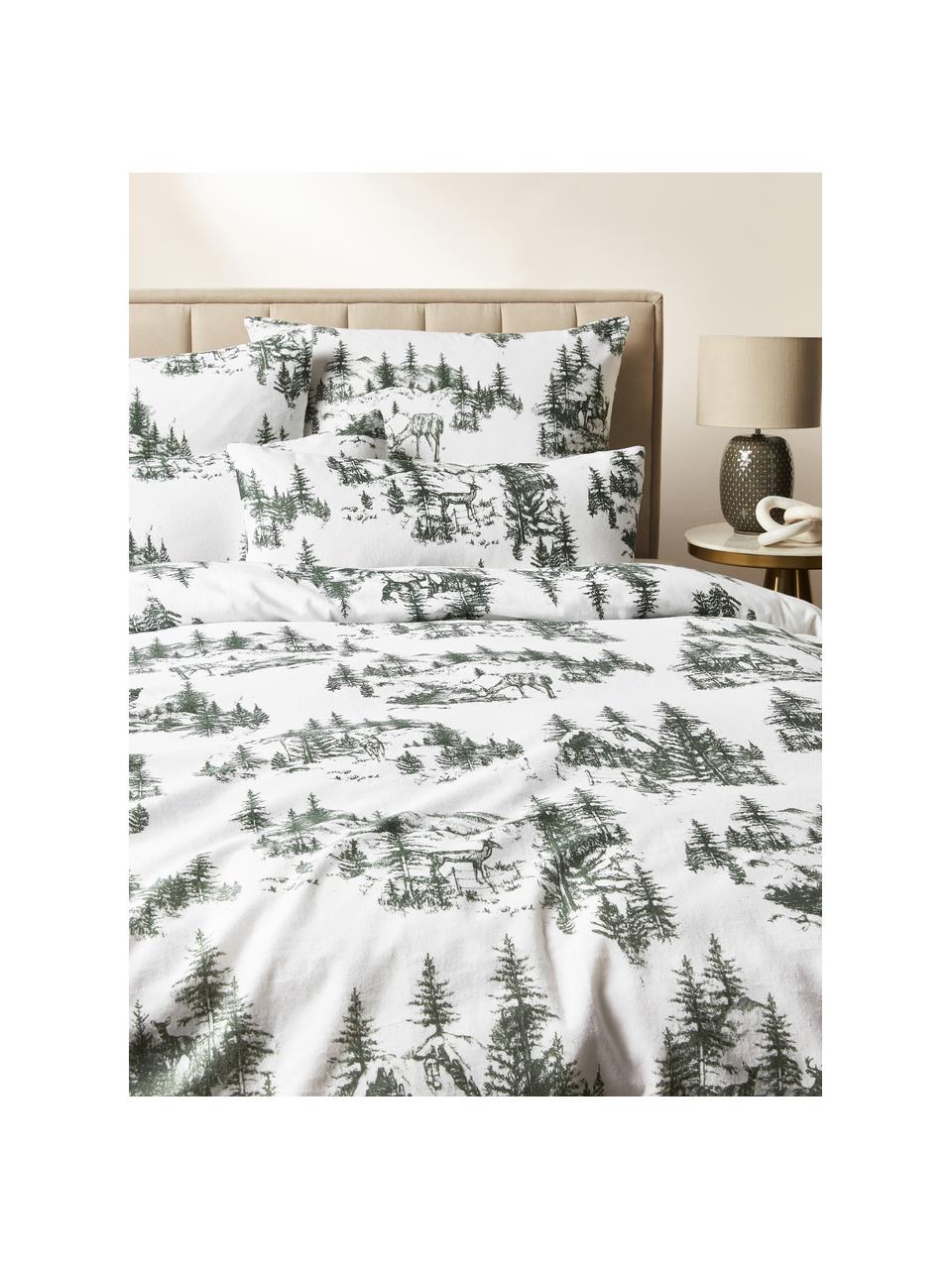 Funda nórdica de franela Nordic, Blanco, verde oscuro, Cama 180/200 cm (260 x 240 cm)