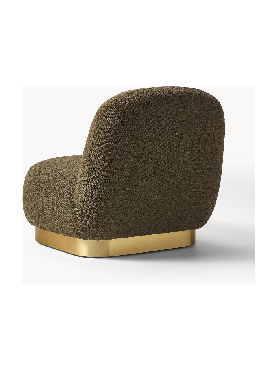 Sillón cóctel en tejido blouclé Elsie, Tapizado: tejido bouclé (poliéster), Estructura: madera contrachapada, Bouclé verde oliva, dorado, An 77 x F 84 cm