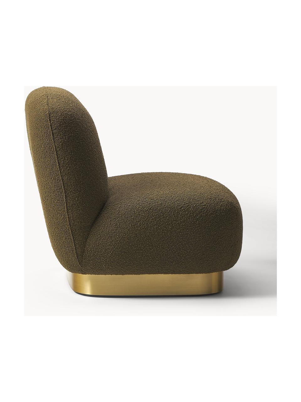 Sillón cóctel en tejido blouclé Elsie, Tapizado: tejido bouclé (poliéster), Estructura: madera contrachapada, Bouclé verde oliva, dorado, An 77 x F 84 cm