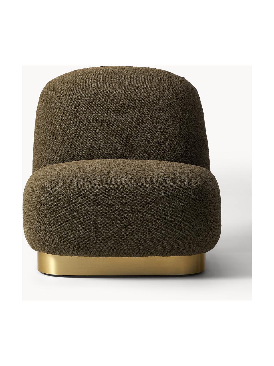 Sillón cóctel en tejido blouclé Elsie, Tapizado: tejido bouclé (poliéster), Estructura: madera contrachapada, Bouclé verde oliva, dorado, An 77 x F 84 cm