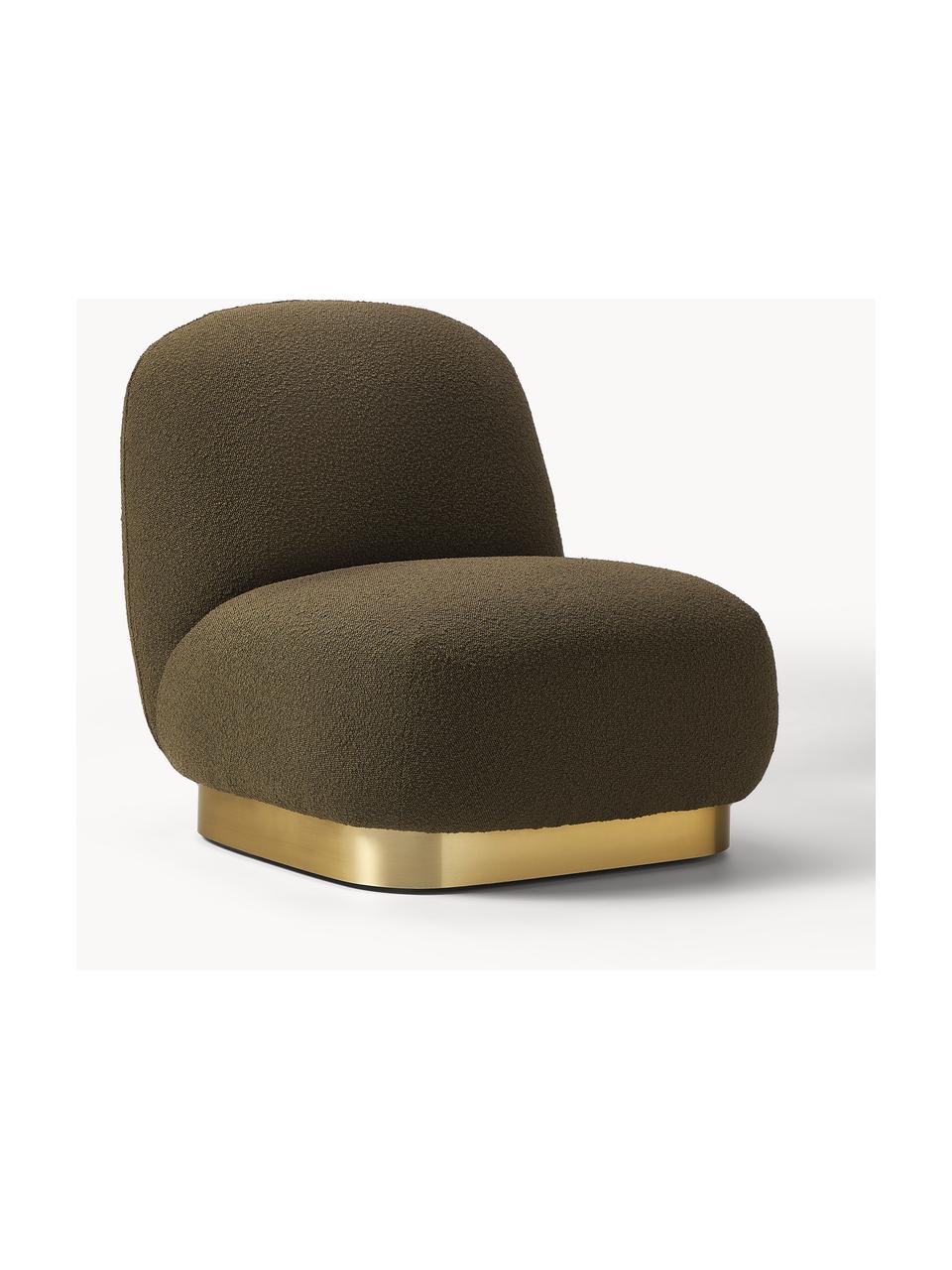 Sillón cóctel en tejido blouclé Elsie, Tapizado: tejido bouclé (poliéster), Estructura: madera contrachapada, Bouclé verde oliva, dorado, An 77 x F 84 cm