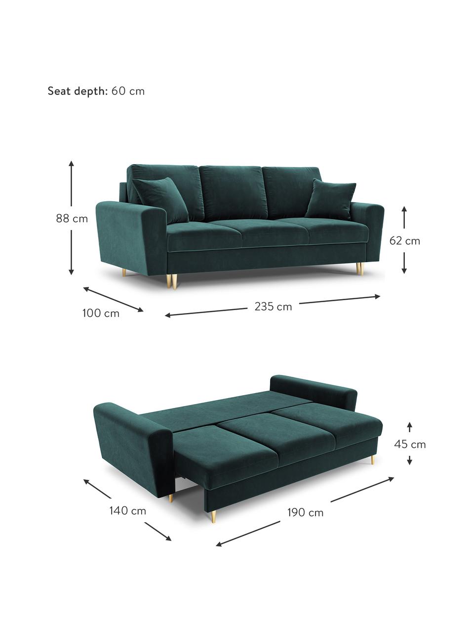 Fluwelen slaapbank Moghan (3-zits) met opbergruimte, Bekleding: 100% polyester fluweel He, Frame: massief grenenhout, spaan, Fluweel groen, goudkleurig, B 235 x D 100 cm