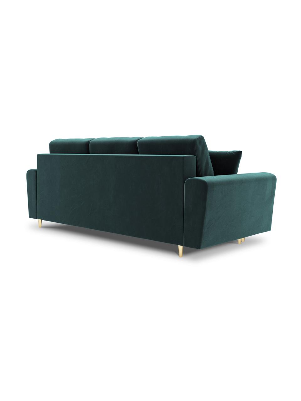 Sofa rozkładana z aksamitu z miejscem do przechowywania Moghan (3-osobowa), Tapicerka: 100% aksamit poliestrowy , Stelaż: lite drewno sosnowe, płyt, Nogi: metal powlekany, Aksamit w kolorze petrol, odcienie złotego, S 235 x G 100 cm