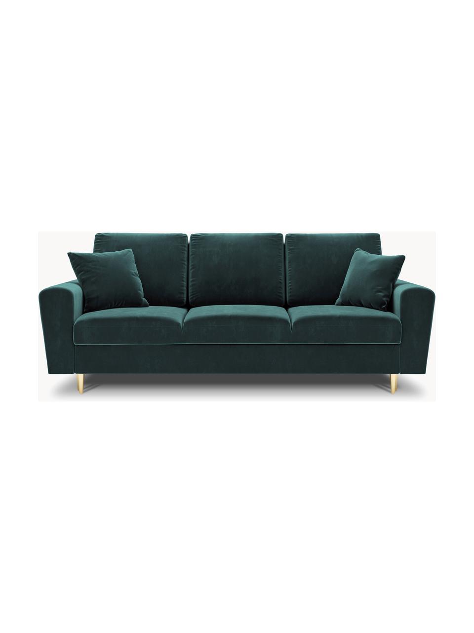 Sofa rozkładana z aksamitu z miejscem do przechowywania Moghan (3-osobowa), Tapicerka: 100% aksamit poliestrowy , Stelaż: lite drewno sosnowe, płyt, Nogi: metal powlekany, Aksamit w kolorze petrol, odcienie złotego, S 235 x G 100 cm