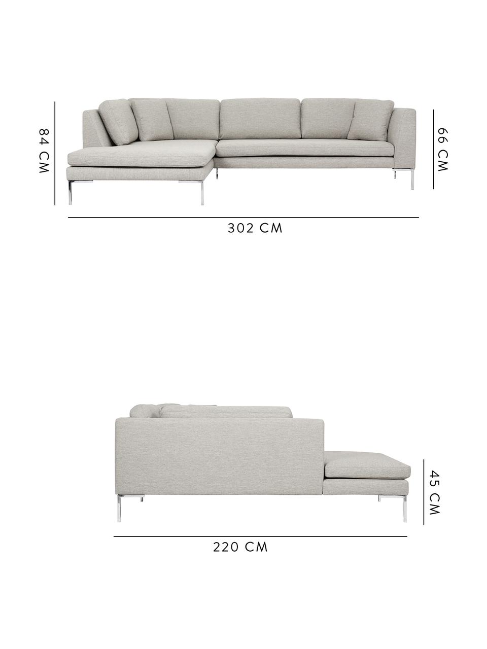 Sofa narożna Emma, Tapicerka: poliester 100 000 cykli w, Tapicerka: pianka na zawieszeniu spr, Stelaż: lite drewno sosnowe, Nogi: metal galwanizowany, Beżowy, nogi: srebrny, S 302 x G 220 cm