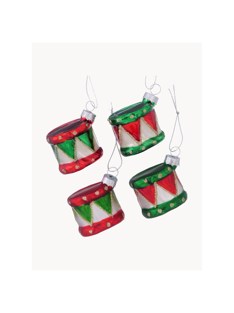 Súprava vianočných ozdôb Drummy, 4 diely, Lakované sklo, Zelená, červená, Š 6 x V 5 cm