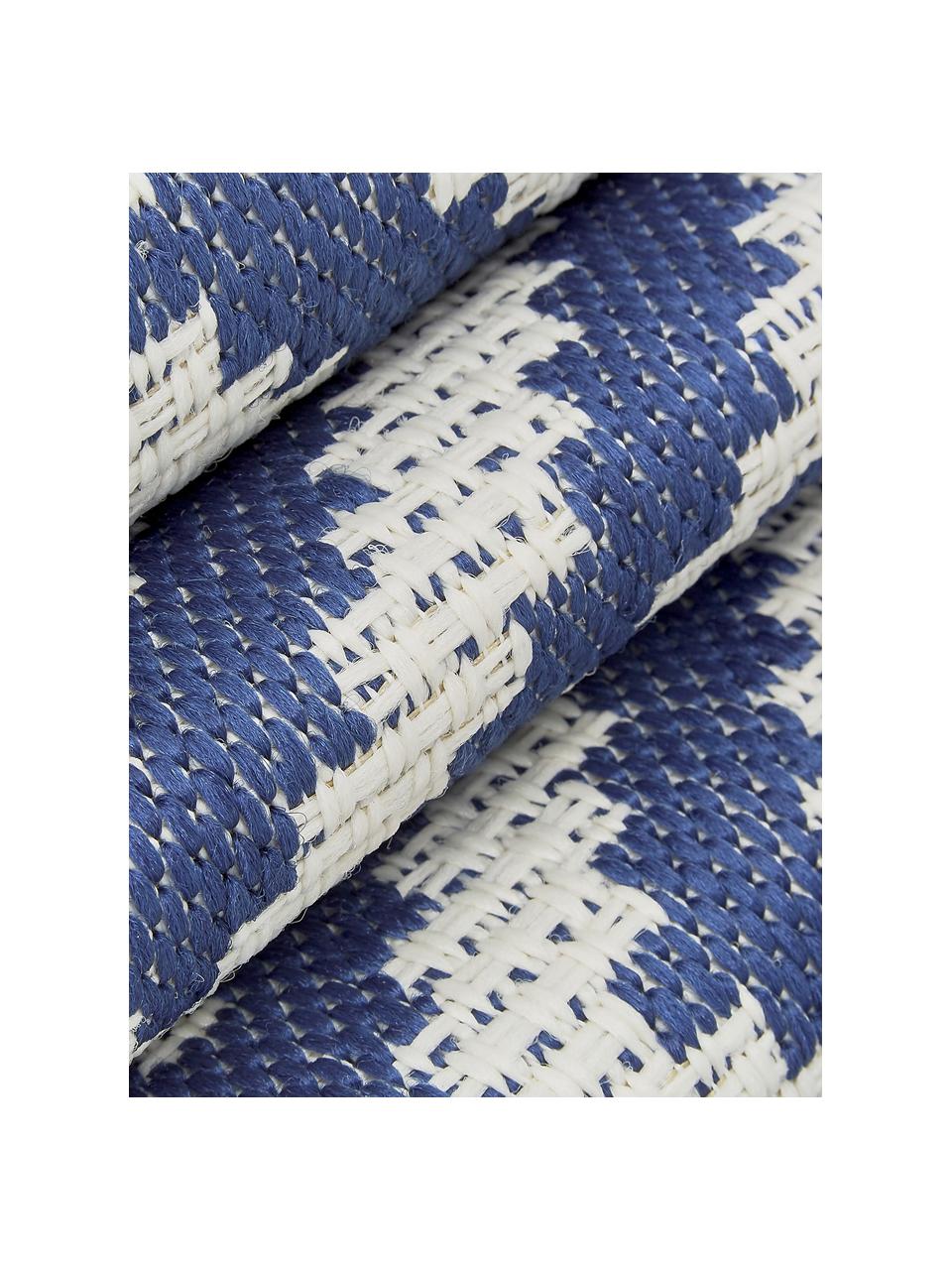 In- & outdoor loper met patroon Miami in blauw/wit, 86% polypropyleen, 14% polyester, Crèmewit, blauw, 80 x 250 cm
