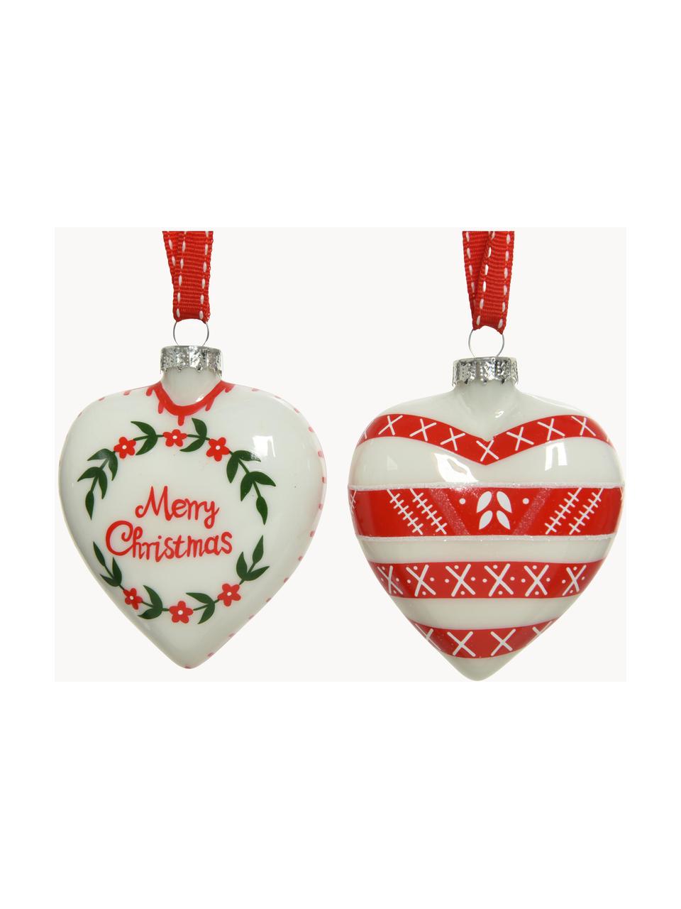 Décoration de sapin de Noël Hearts, 4 élém., Verre, Rouge, blanc, vert, Ø 8 x haut. 8 cm