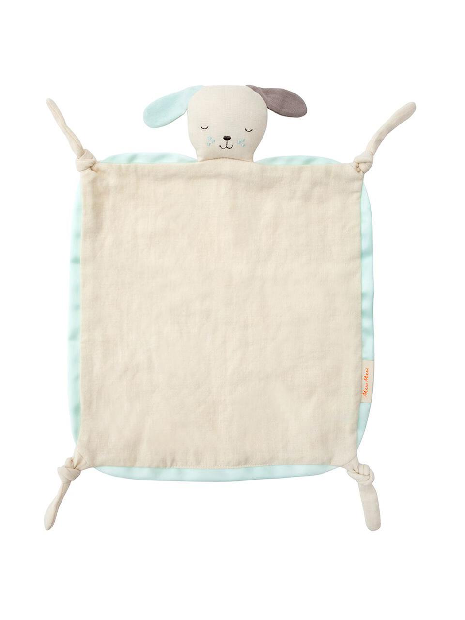 Doudou en coton bio Dog, Blanc crème, bleu menthe, brun