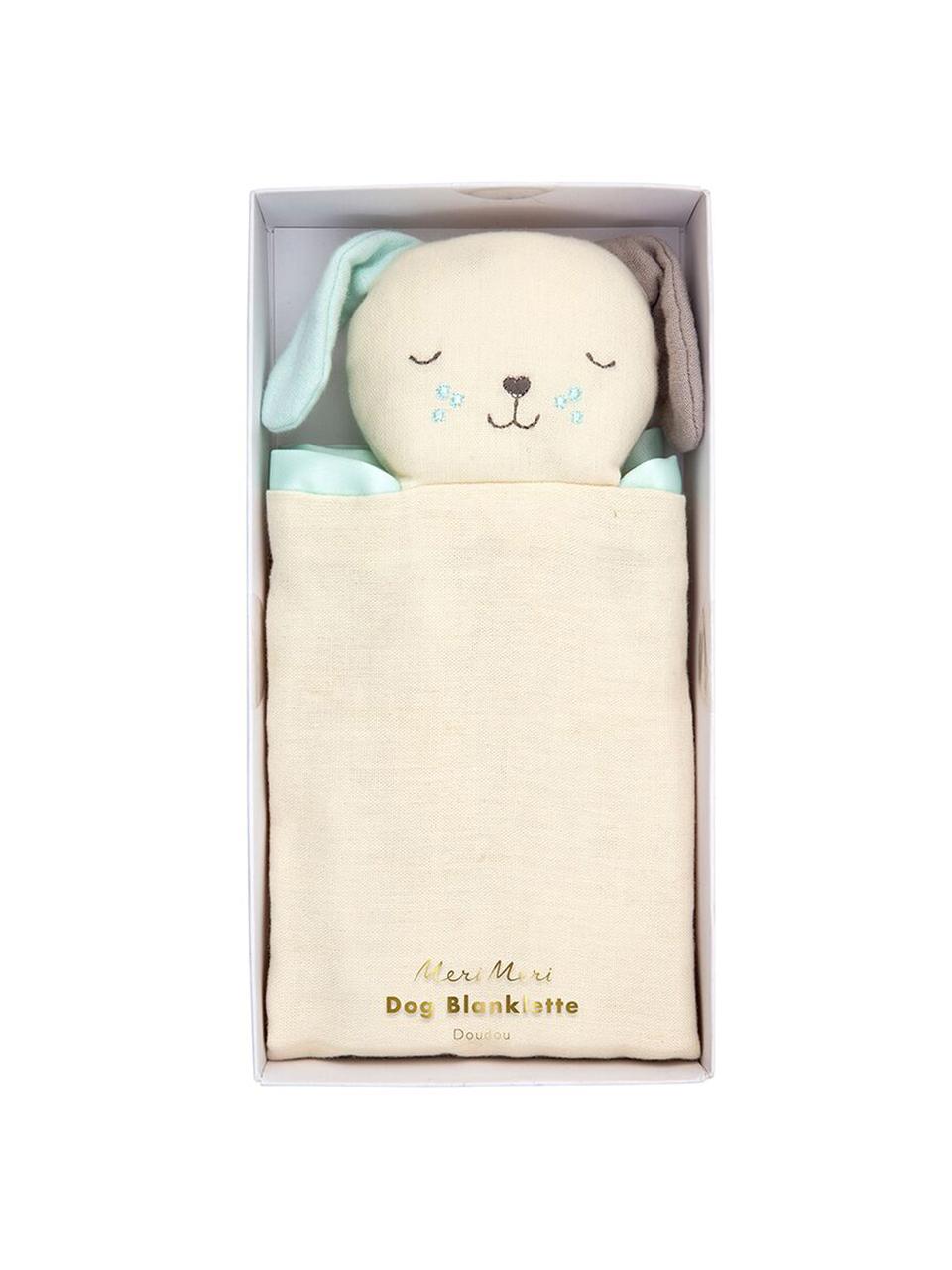 Doudou en coton bio Dog, Blanc crème, bleu menthe, brun