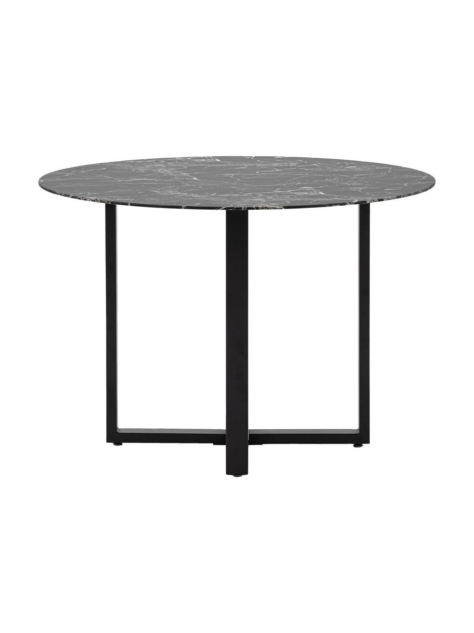 Mesa de comedor redonda Connolly, tablero de vidrio en aspecto mármol, Ø 110 cm, Tablero: vidrio tintado negro, Patas: metal recubierto, Aspecto mármol negro, negro, Ø 110 cm