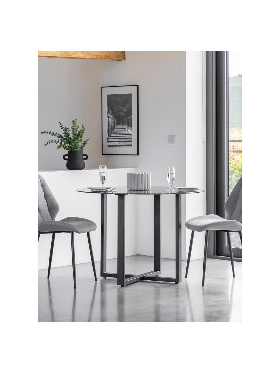 Mesa de comedor redonda Connolly, tablero de vidrio en aspecto mármol, Ø 110 cm, Tablero: vidrio tintado negro, Patas: metal recubierto, Aspecto mármol negro, negro, Ø 110 cm