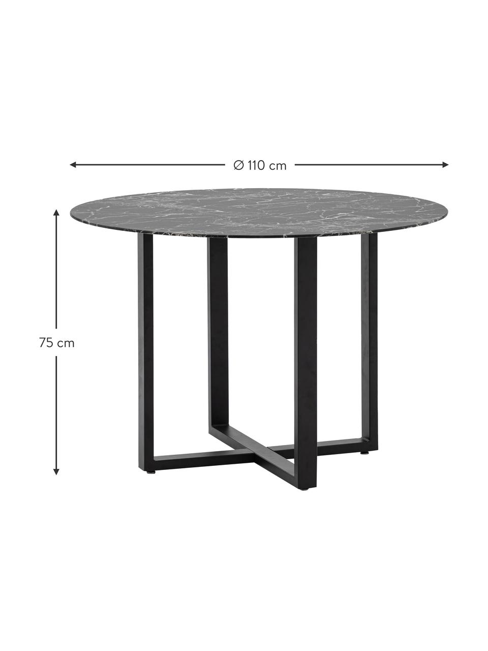 Mesa de comedor redonda Connolly, tablero de vidrio en aspecto mármol, Ø 110 cm, Tablero: vidrio tintado negro, Patas: metal recubierto, Aspecto mármol negro, negro, Ø 110 cm