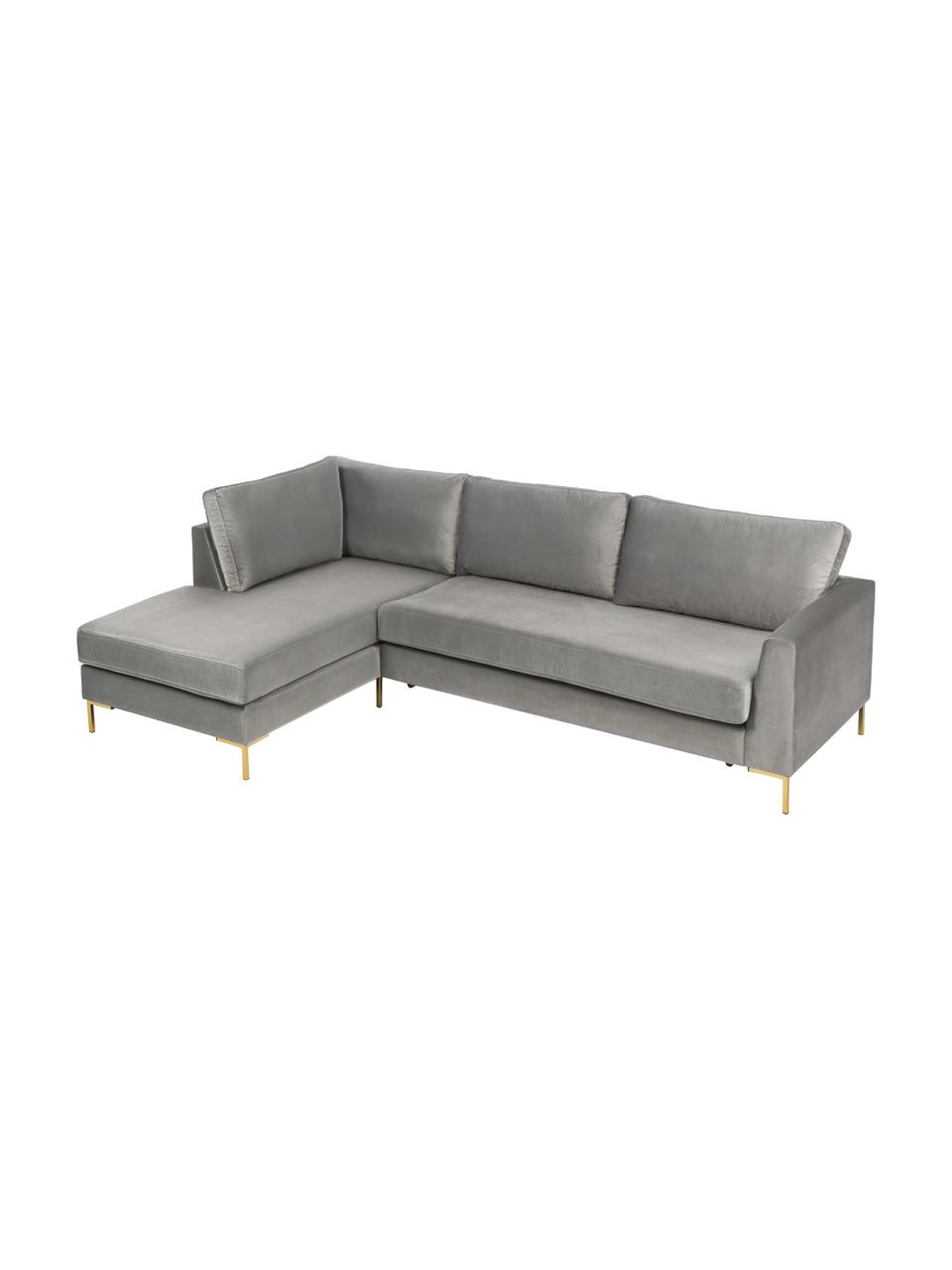 Divano letto angolare in velluto Luna, Rivestimento: 100% poliestere, certific, Struttura: legno di faggio massiccio, Piedini: metallo galvanizzato, Velluto grigio chiaro, Larg. 270 x Prof. 184 cm, chaise-longue a sinistra