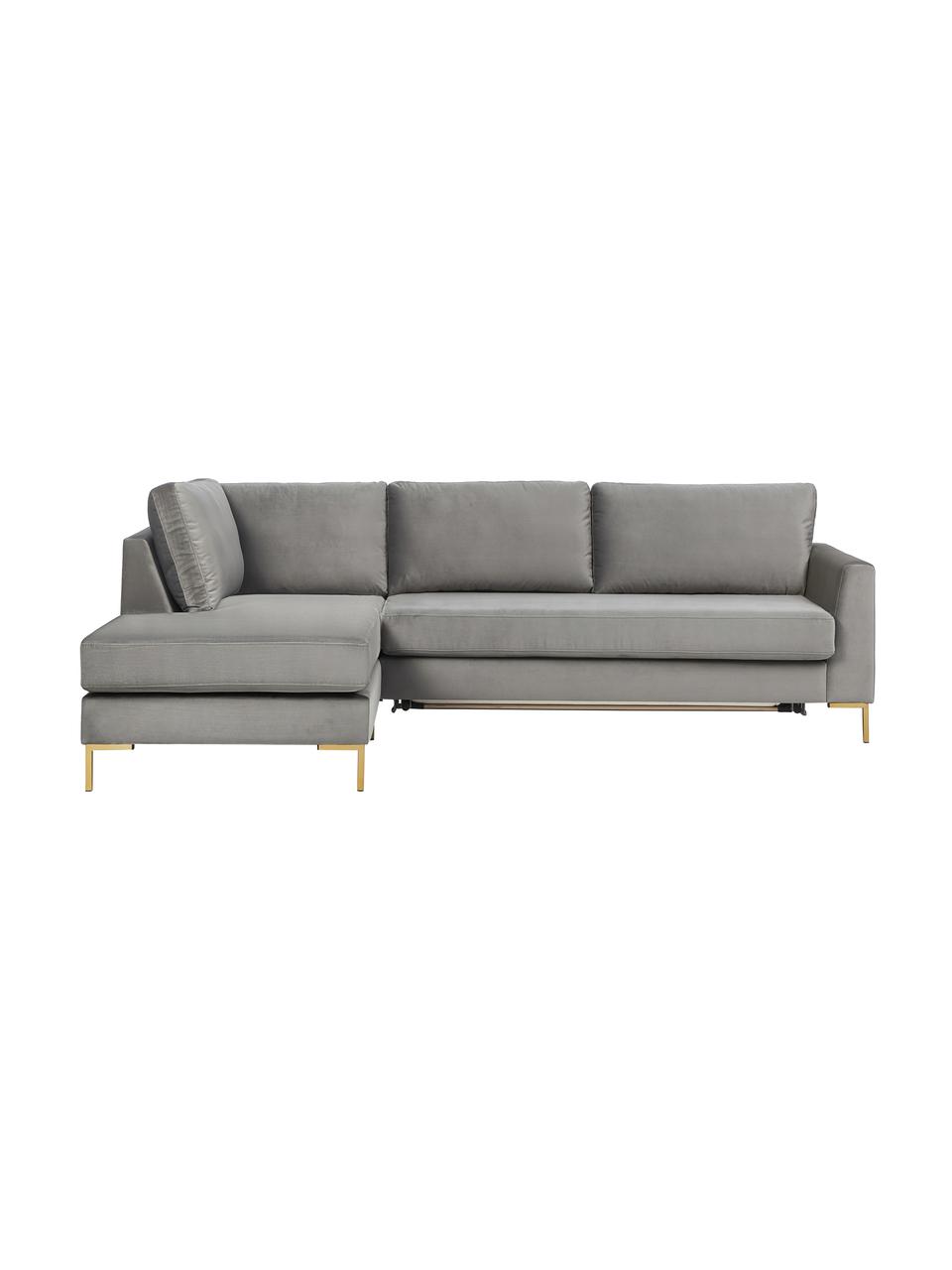 Divano letto angolare in velluto Luna, Rivestimento: 100% poliestere, certific, Struttura: legno di faggio massiccio, Piedini: metallo galvanizzato, Velluto grigio chiaro, Larg. 270 x Prof. 184 cm, chaise-longue a sinistra