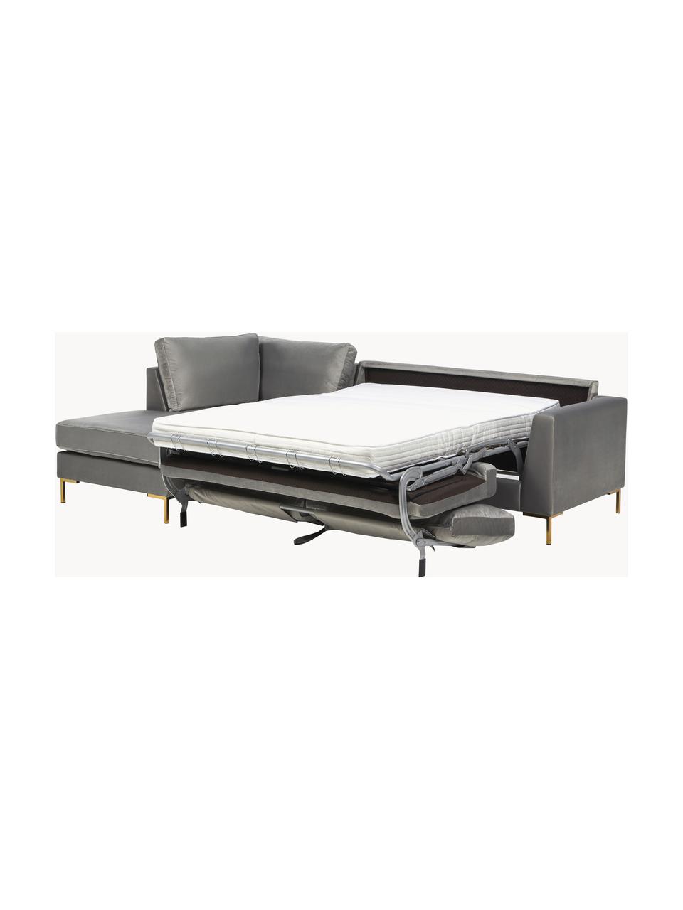 Samt-Schlafsofa Luna (3-Sitzer) mit Matratze, Bezug: Samt (100 % Polyester) De, Gestell: Massives Buchenholz, Schi, Füße: Metall, galvanisiert Dies, Samt Grau, B 270 x T 184 cm, Eckteil rechts