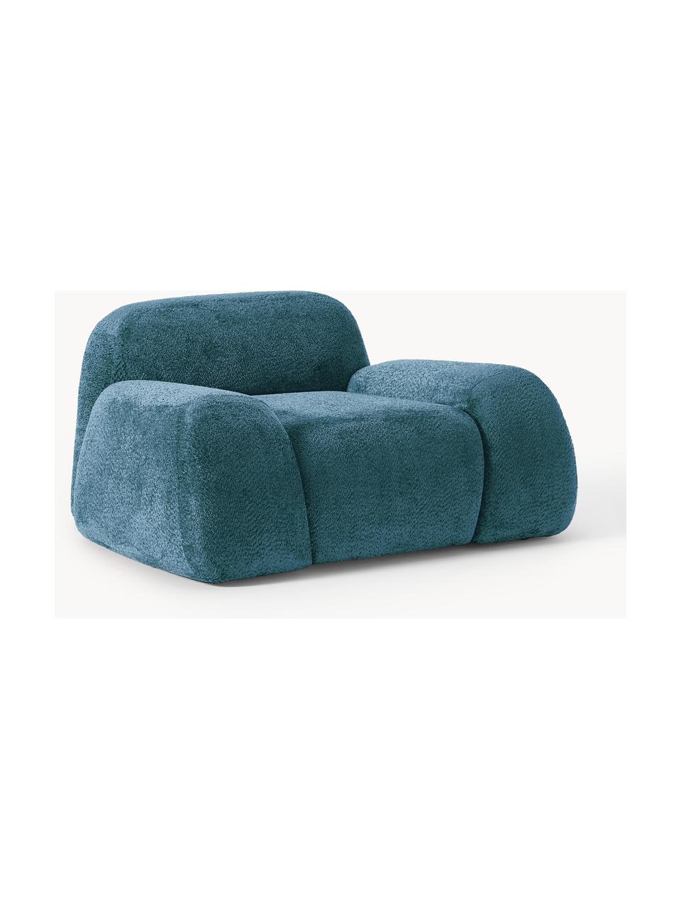 Sillón de borreguillo bouclé Wolke, Tapizado: tejido borreguillo bouclé, Tapizado: espuma de poliuretano, ce, Estructura: madera de pino, madera de, Patas: plástico Este producto es, Borreguillo bouclé azul petróleo, An 138 x F 105 cm