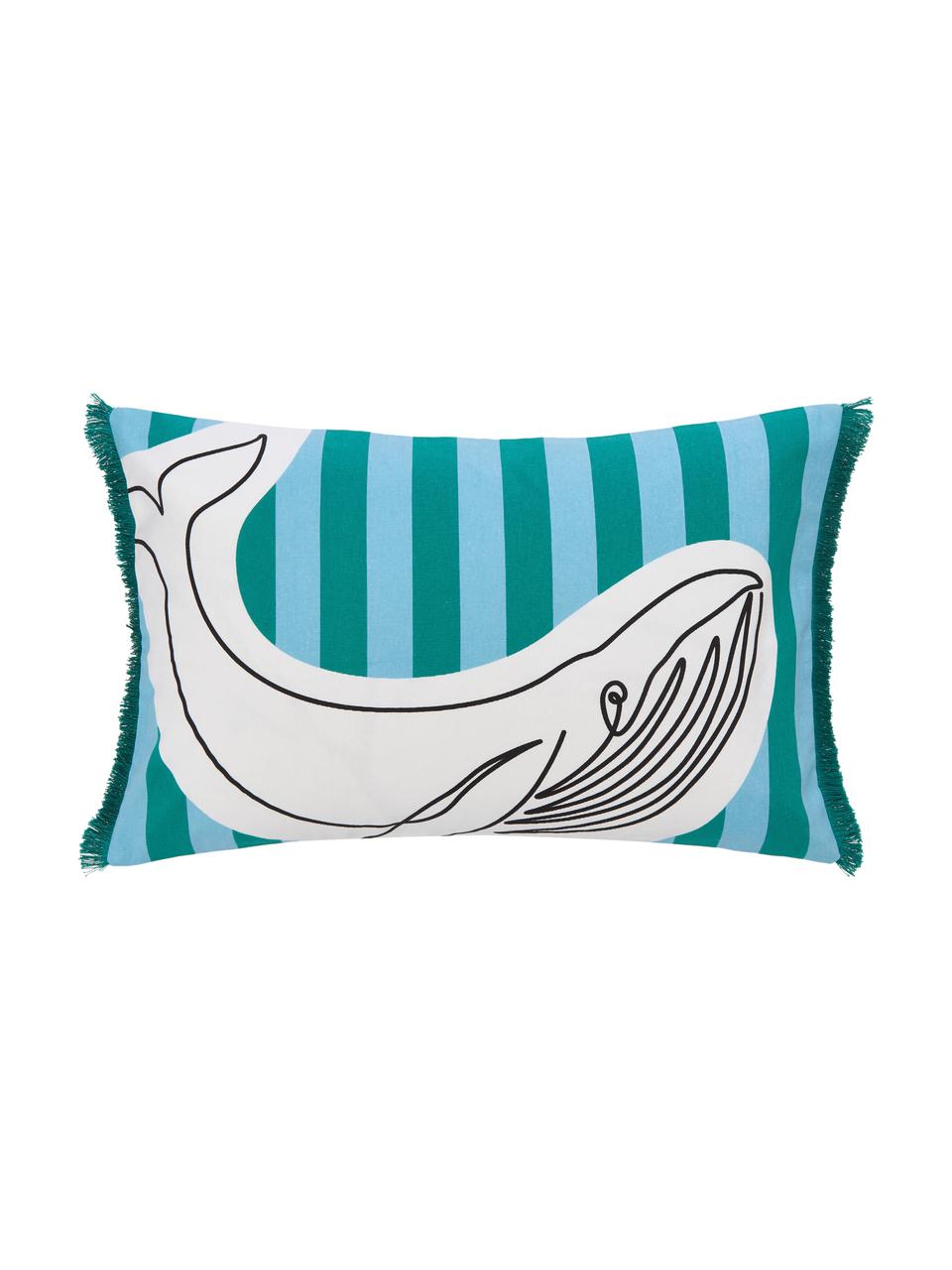 Housse de coussin rectangulaire motif maritime en coton bio Moby, 100% coton bio certifié GOTS, Bleu, vert, larg. 40 x long. 60 cm