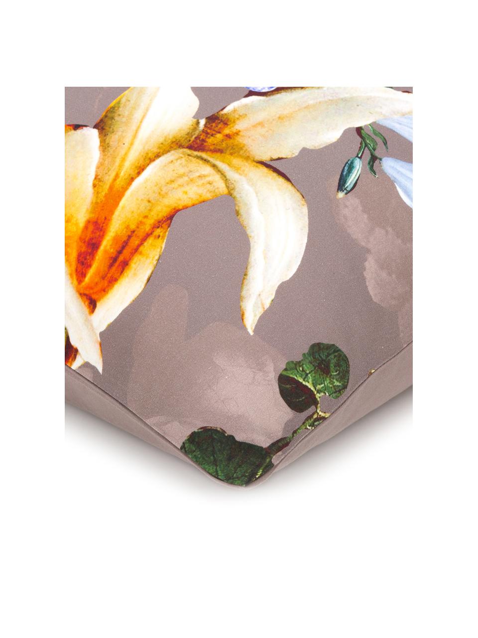 Povlečení z bavlněného saténu s květinovým vzorem Fleur, Šedobéžová, více barev (bílá, zelená, žlutá), 135 x 200 cm + 1 polštář 80 x 80 cm