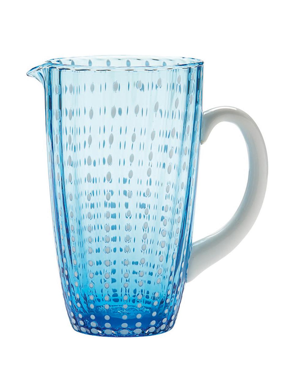 Jarra sopada a mano Perle, Vidrio, Azul transparente, blanco, 1.6 L