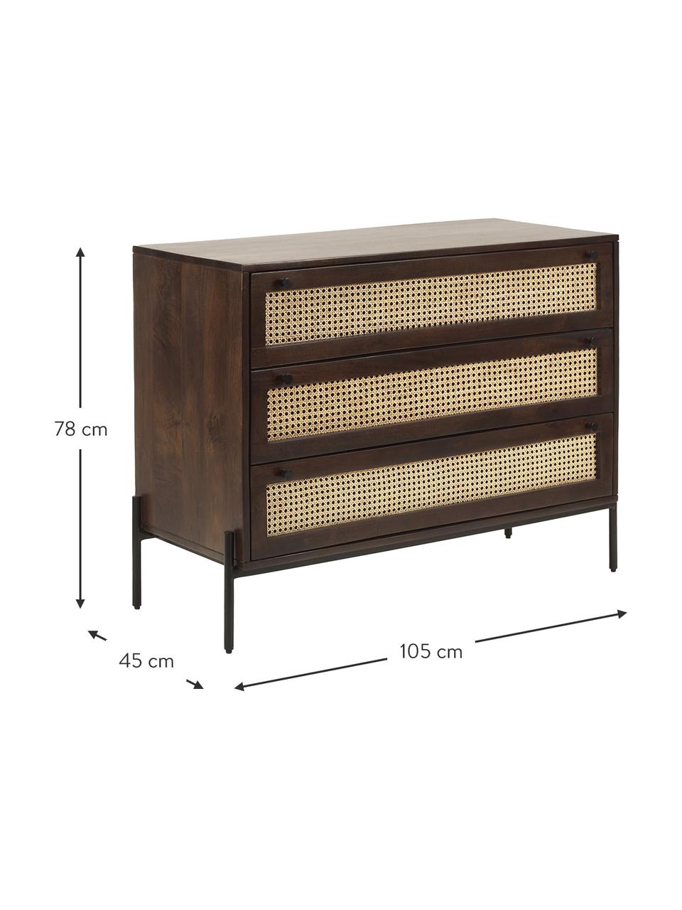 Cassettiera con intreccio viennese Vienna, Piedini: metallo verniciato a polv, Legno di mango, Larg. 105 x Alt. 78 cm