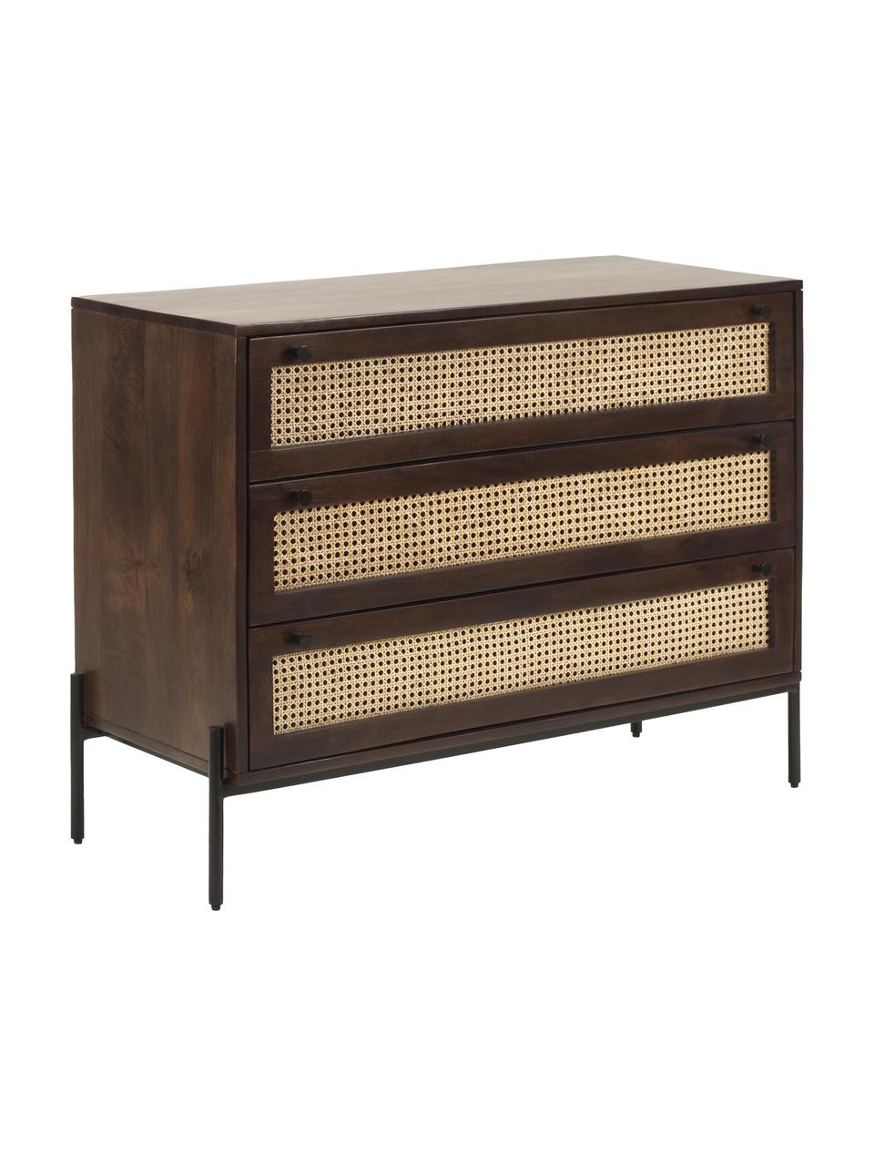 Cassettiera con intreccio viennese Vienna, Piedini: metallo verniciato a polv, Legno di mango, Larg. 105 x Alt. 78 cm