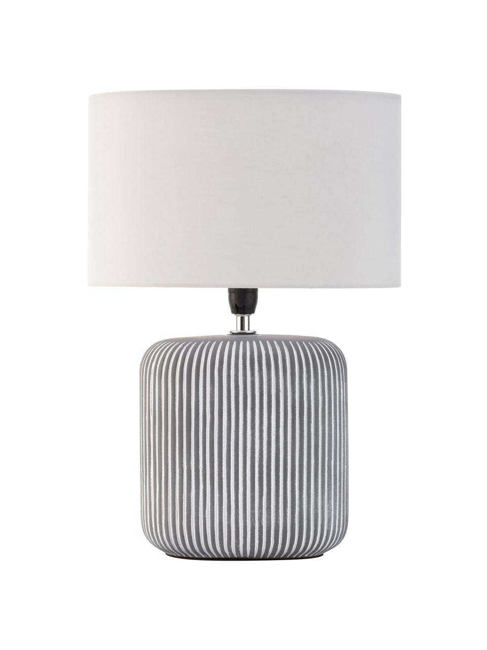 Gestreifte Ovale Keramik-Tischlampe Pure Shine, Lampenschirm: Stoff, Lampenfuß: Keramik, Weiß, Grau, Schwarz, Ø 27 x H 38 cm