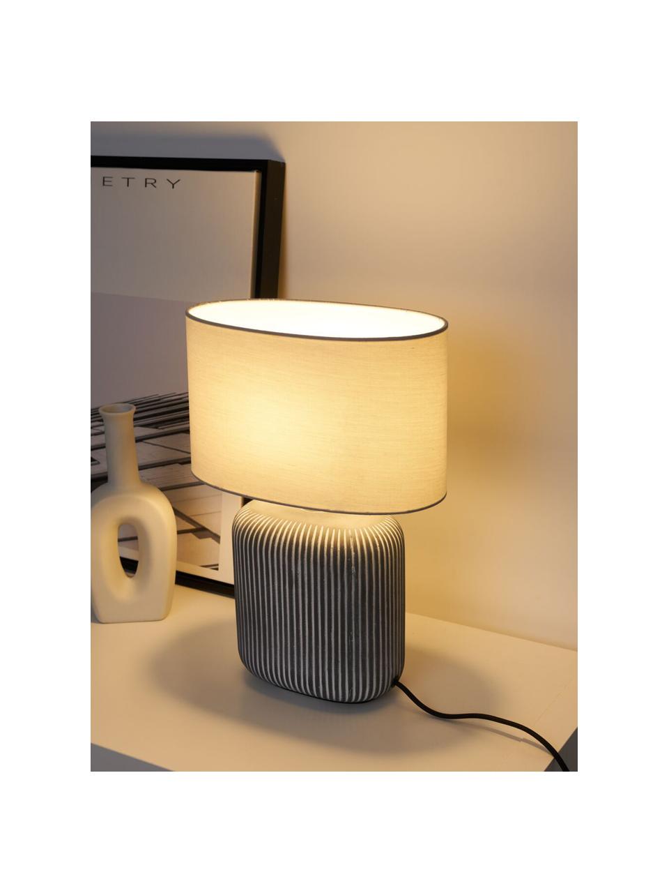 Gestreifte Ovale Keramik-Tischlampe Pure Shine, Lampenschirm: Stoff, Lampenfuß: Keramik, Weiß, Grau, Schwarz, Ø 27 x H 38 cm