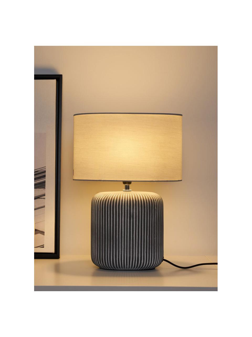 Gestreepte ovale keramische tafellamp Pure Shine, Lampenkap: stof, Lampvoet: keramiek, Wit, grijs, Ø 27 x H 38 cm