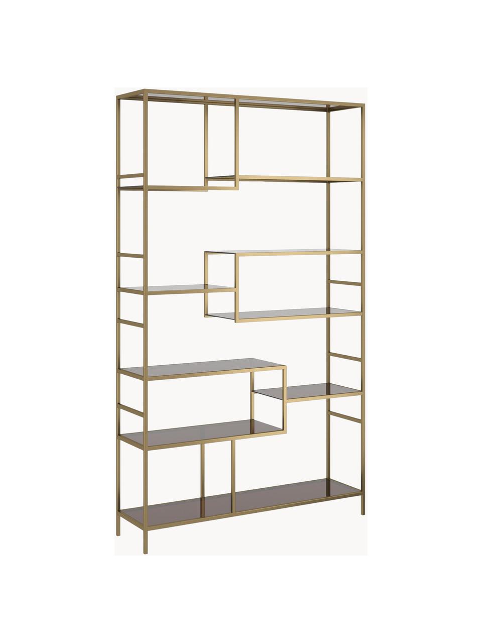 Grote metalen wandrek Loft, Frame: gepoedercoat metaal, Plank: geverfd veiligheidsglas, Goudkleurig, bruin, B 115 cm x H 195 cm