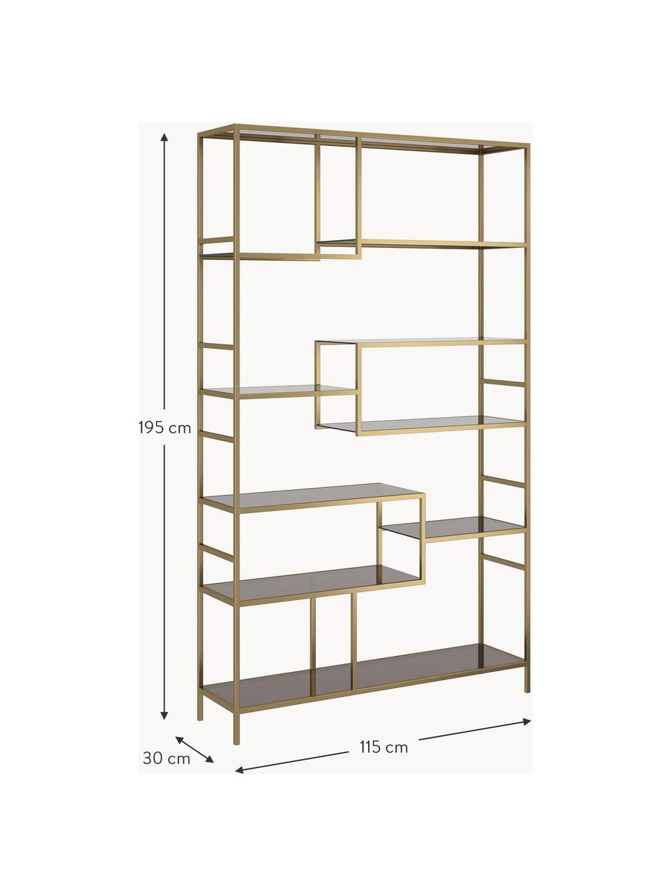 Grote metalen wandrek Loft, Frame: gepoedercoat metaal, Plank: geverfd veiligheidsglas, Goudkleurig, bruin, B 115 cm x H 195 cm