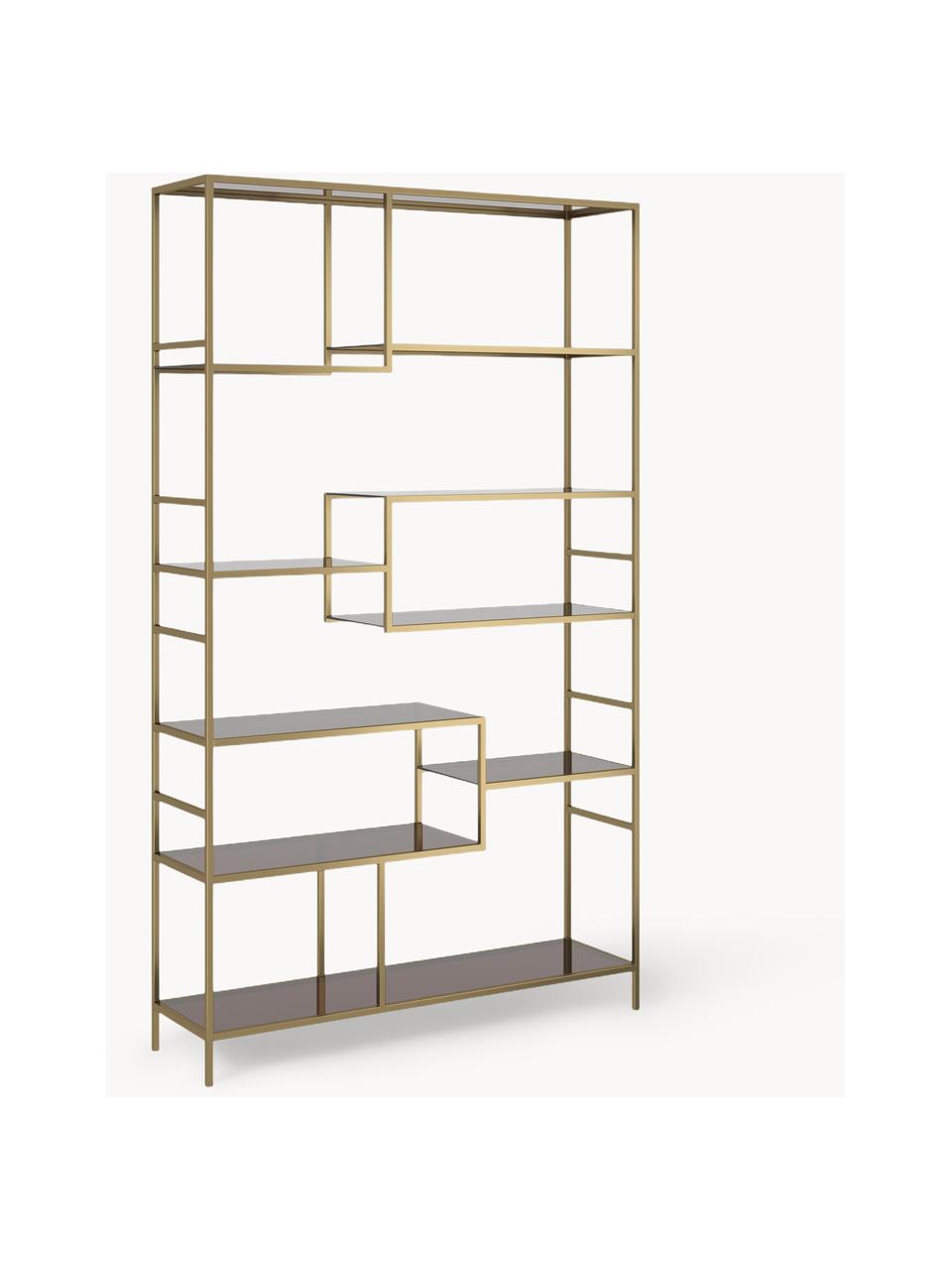 Grote metalen wandrek Loft, Frame: gepoedercoat metaal, Plank: geverfd veiligheidsglas, Goudkleurig, bruin, B 115 cm x H 195 cm