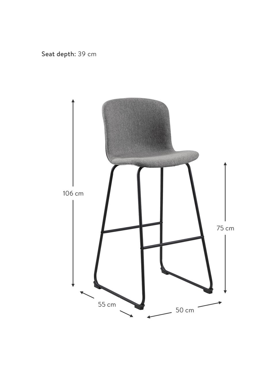 Barkrukken Story in grijs, 2 stuks, Bekleding: polyester, Frame: gepoedercoat metaal, Grijs, zwart, B 50 cm x H 106 cm