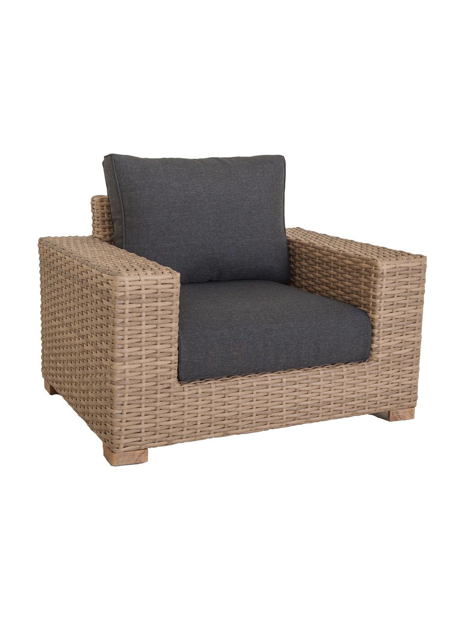 Outdoor fauteuil Saba, Frame: polyrotan, UV-bestendig, Poten: massief acaciahout, Frame: aluminium, Bekleding: polyester, UV-bestendig e, Bruin, B 112 x H 74 cm