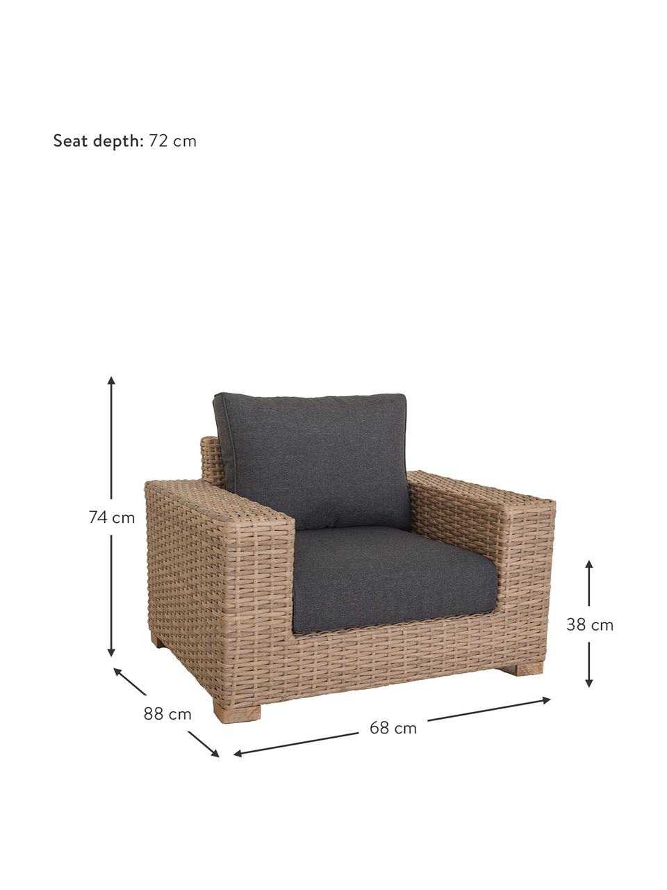 Fotel ogrodowy z polirattanu Saba, Korpus: polirattan, odporny na pr, Nogi: drewno akacjowe, lite, Stelaż: aluminium, Tapicerka: poliester, odporny na pro, Brązowy, S 112 x W 74 cm