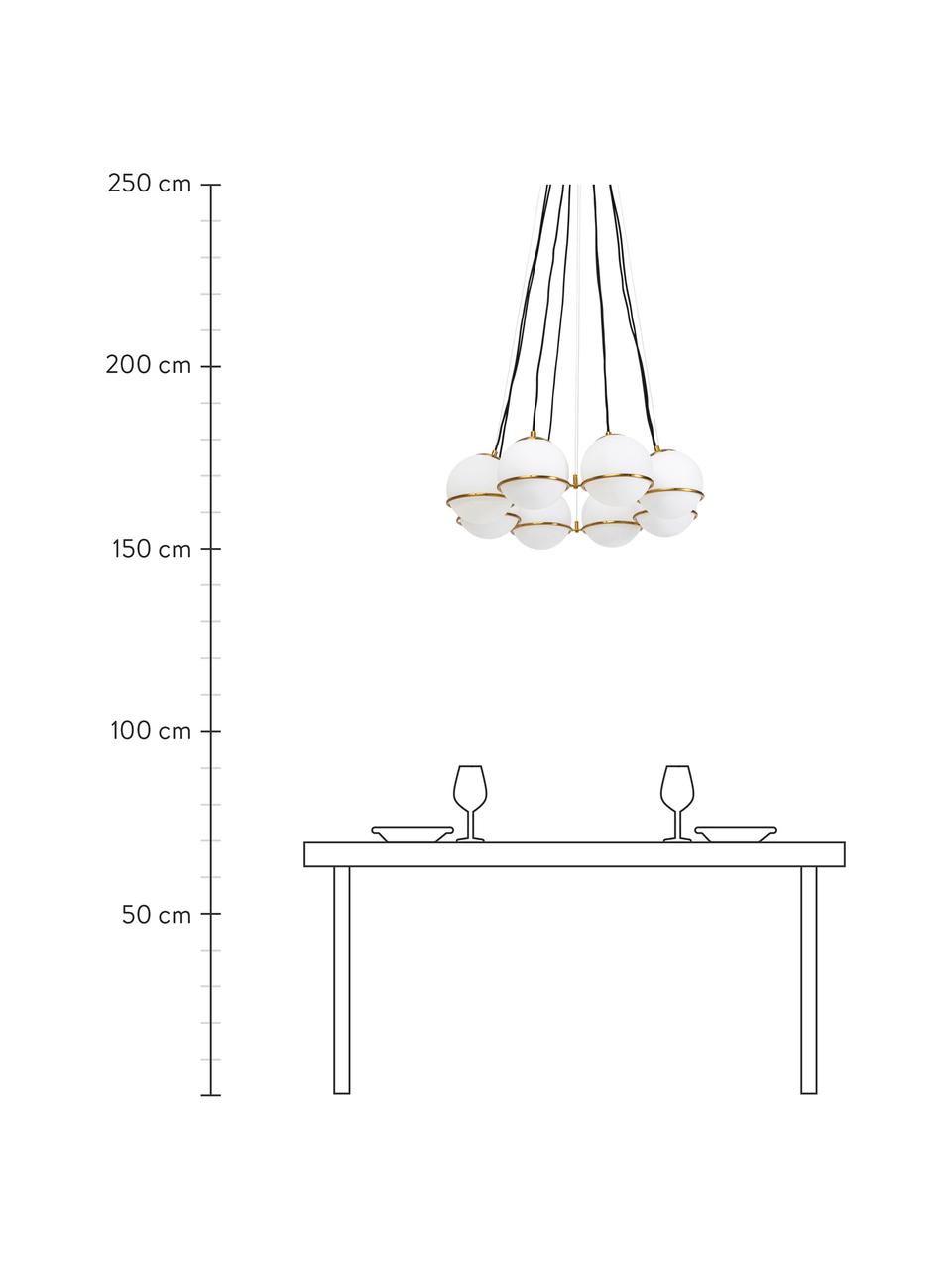 Lampada a sospensione grande Globes, Paralume: vetro, Baldacchino: metallo rivestito, Decorazione: metallo rivestito, Bianco, dorato, Ø 71 x Alt. 130 cm